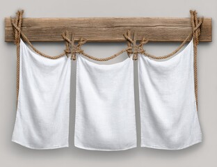 Blank white cloths hanging from a wooden plank