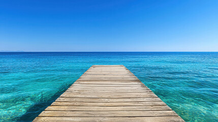 Fototapeta premium Tranquil Wooden Pier Extending into Crystal Clear Blue Ocean Under Bright Azure Sky on Calm Sunny Day