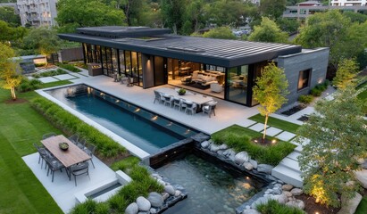 A modern outdoor dining area with a long table and chairs, situated next to a modern glass house in the background