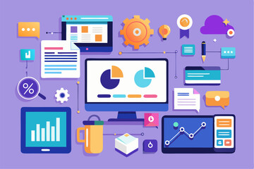 Fototapeta premium Business person interacting with a futuristic digital marketing interface, showcasing online advertising analytics, data charts, email marketing, and campaign performance metrics on a virtual screen. 