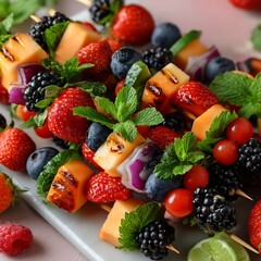 Obraz premium Colorful Fruit Skewers on Plate