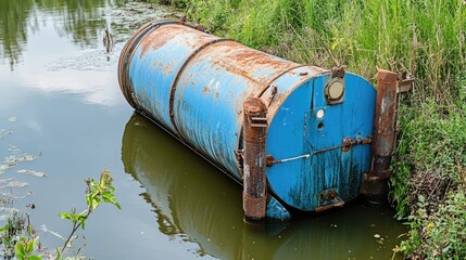 Blue-coated submersible pump partially lowered into channel
