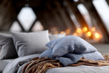 Cozy Modern Bedroom  Blue Pillows  Grey Bedding  Warm Lighting