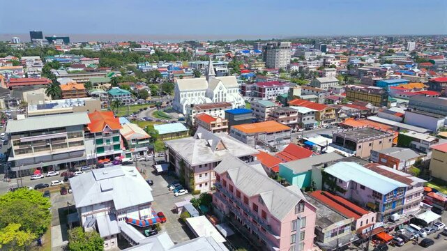 Aerial of downtown Georgetown and St. George's Cathedral Guyana