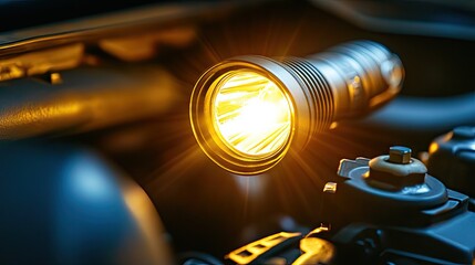 Portable flashlight beaming on car engine in the dark