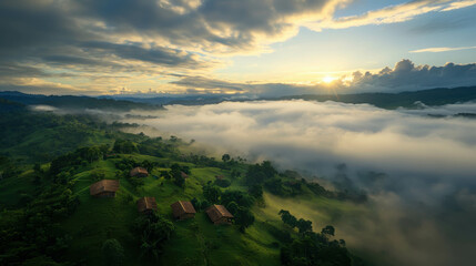 Scenic Sunrise Over Rolling Hills with Mist and Clouds Surrounding Rustic Houses in Green Landscape
