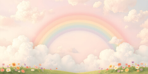 Fototapeta premium Pastel clouds with a beautiful rainbow. 3d rendered rainbow sky, clouds, land cartoon sweet rainbows and flowers