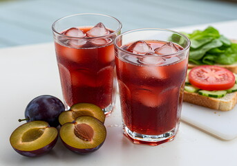 Healthy breakfast with fresh plum juice, salad, and toast – perfect for food blogs, wellness articles, and nutrition-themed advertisements
