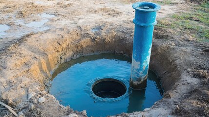 Submersible pump placed in deep well with clear vertical alignment