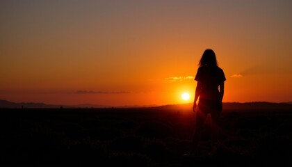 Obraz premium a serene moment at sunset. a person is standing in silhouette, gazing out towards the horizon