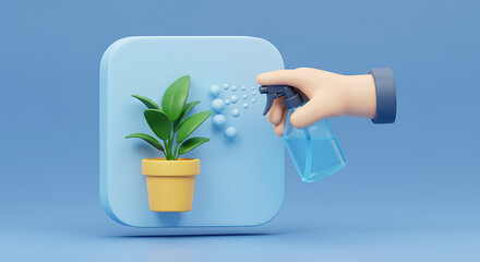 Plant Care: Spraying a Houseplant with Water - 3D Render