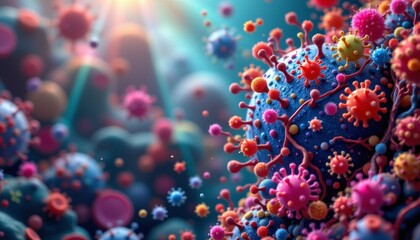 a vibrant and detailed microscopic view of cells that resemble a virus in shape and size