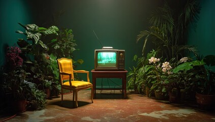 Retro TV room filled with lush greenery