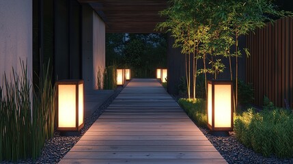 A serene, modern outdoor walkway illuminated by glowing lanterns, surrounded by lush greenery and minimalist landscaping at dusk.