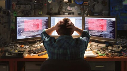 Frustrated Technician: A stressed technician grapples with the chaos of data overload, his brow furrowed as he confronts a trio of computer monitors, the screens ablaze with a symphony of binary code - Powered by Adobe