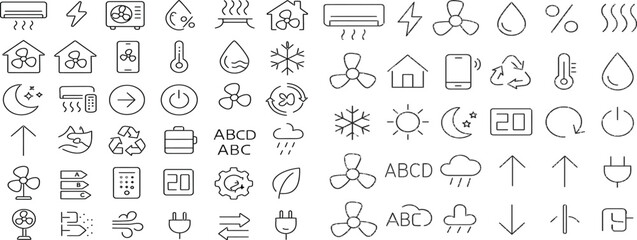 Climate and Energy Icon Set—Editable Stroke Symbols for Air Conditioning, Weather, Recycling, Temperature Control, Power, Sustainability, and Environment, Editable Line Icons. Vector illustration.