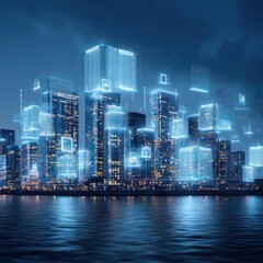 Naklejka premium Smart city with glowing buildings and floating digital icons, symbolizing a digitally connected world.