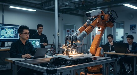 Engineers Programming Robotic Arm in Lab for Testing