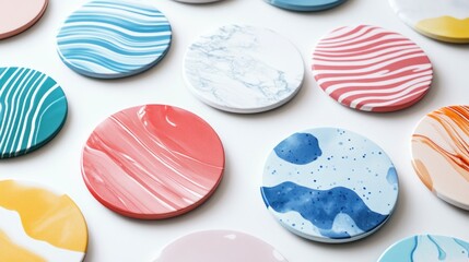 Assortment of colorful abstract patterned drink coasters with marbled and swirl designs