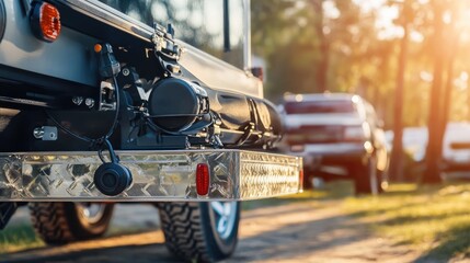 Fototapeta premium Trailer coupler locked onto towing hitch ball