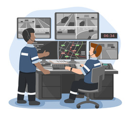 Plakat Emergency dispatch operators monitoring city traffic and coordinating real-time response from a control room filled with surveillance screens at early morning hours