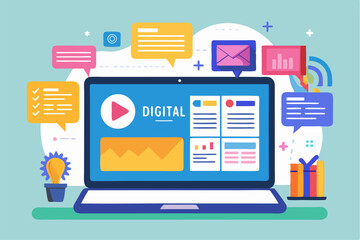 Business person interacting with a futuristic digital marketing interface, showcasing online advertising analytics, data charts, email marketing, and campaign performance metrics on a virtual screen. 