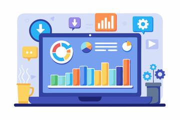 Business person interacting with a futuristic digital marketing interface, showcasing online advertising analytics, data charts, email marketing, and campaign performance metrics on a virtual screen. 