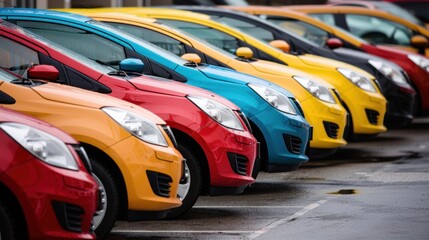 Fototapeta premium Brightly colored cars parked in a row showing diversity and modern automobile design