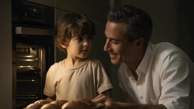 A Son and Father Baking: Father and son smiles at each other while baking bread at home, embodying the warmth and love of family.