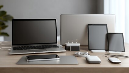 Desk with modern gadgets like laptops, tablets, and wireless charging stations, designed for productivity.