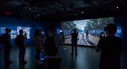 People Viewing Street Scene on Screen Using Phones and Vr Headsets