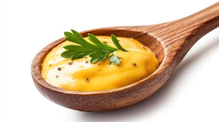 Delicious mustard sauce in a wooden spoon with a fresh parsley garnish close up.
