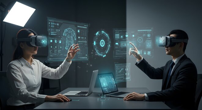 People Using Virtual Reality Headsets with Digital Interface