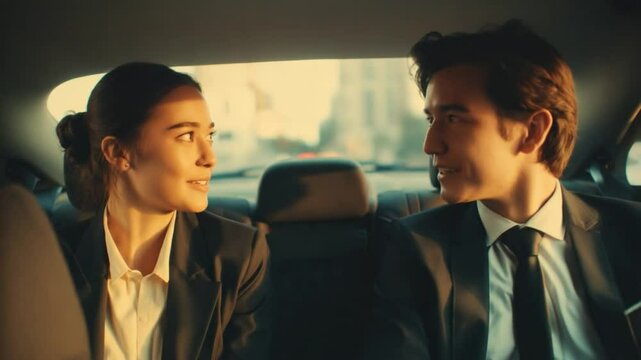 Business Couple in Taxi: Two business professionals are sharing taxi ride and looking at each other.