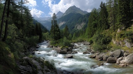 Serene Mountain Landscape with Flowing River and Lush Greenery Under Blue Sky and Fluffy Clouds