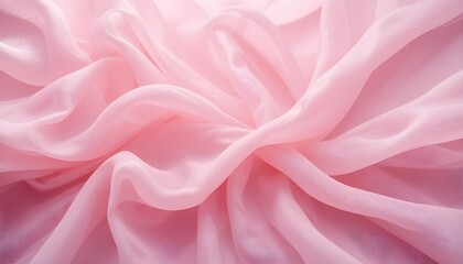 Fototapeta premium Delicate Pink Organza Chiffon Fabric Background with Swirl Creased Texture for Elegant Designs