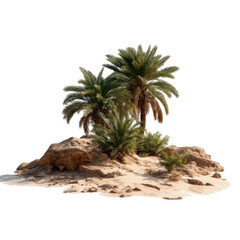 A small oasis featuring palm trees growing on a sandy mound with rocks against a transparent background