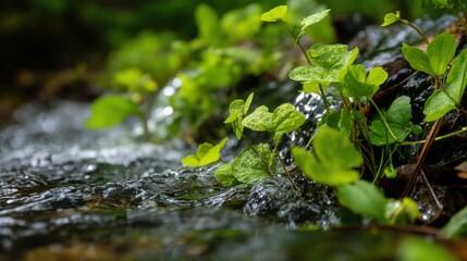 Naklejka premium Fresh Green Leaves Along a Flowing Stream with Glimmering Water and Vibrant Nature in a Serene Forest Setting