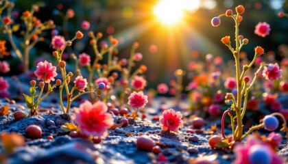 a vibrant natural setting with a foreground of colorful plants, possibly wildflowers, during what appears to be sunrise or sunset,