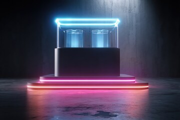 Futuristic podium with neon lighting and holographic features designed for high-tech presentations.