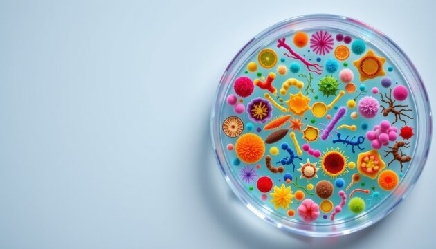 a small microscope slide is placed on a table, showcasing a variety of colorful bacteria like organisms with vibrant hues and diff