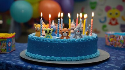 Colorful Birthday Cake with Cute Animal Figurines and Candles at Celebration Event in Festive Atmosphere