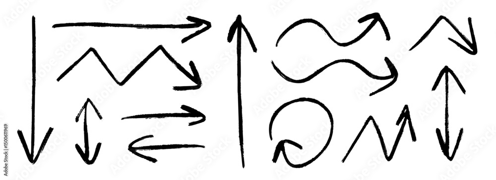 Poster hand drawn crayon arrow collection. black curve, zig zag and straight doodle arrows set. vector past