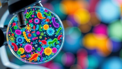 Obraz premium a vibrant microscopic view of bacteria, viruses, and other microorganisms in a lab setting