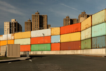Cargo containers stacked in front of residential buildings in Brooklyn New York