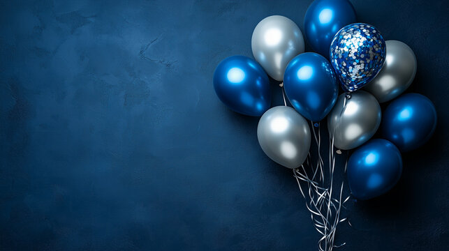 Blue and silver balloons on a dark navy background.Minimalistic layout with space for text creates a festive yet sophisticated mood, perfect for birthday, New Year, anniversaries,events or invitations