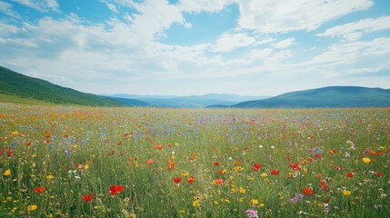 Obraz premium A vibrant tapestry of wildflowers under a summer sky creating a serene landscape