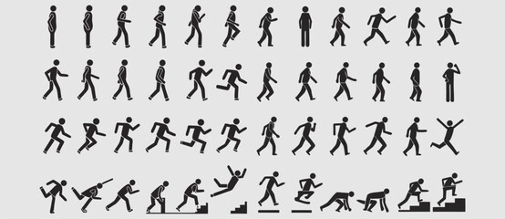 Naklejka premium Running and walking people icons. Vector illustration, editable strokes. eps File