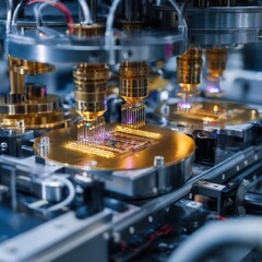 High-tech lab with quantum processors visualizing quantum bits interacting for advanced computing.