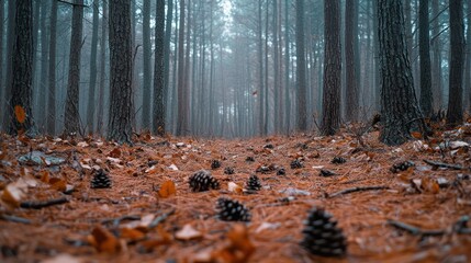 Misty ambiance in the forest with pine cones scattered on the forest floor